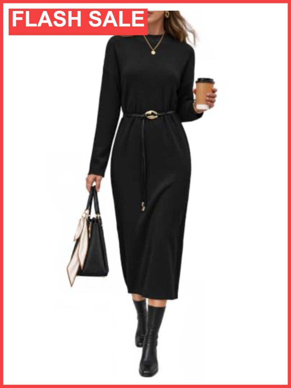 Women's Long Sleeve Mock Neck Midi Sweater Dress with Belt